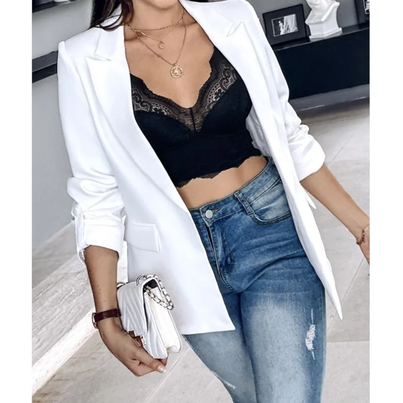 

Осенние однотонные легкие пиджаки, модный деловой повседневный кардиган с открытой передней частью, облегающий костюм с рукавами 3/4, рабочая куртка с лацканами, пальто