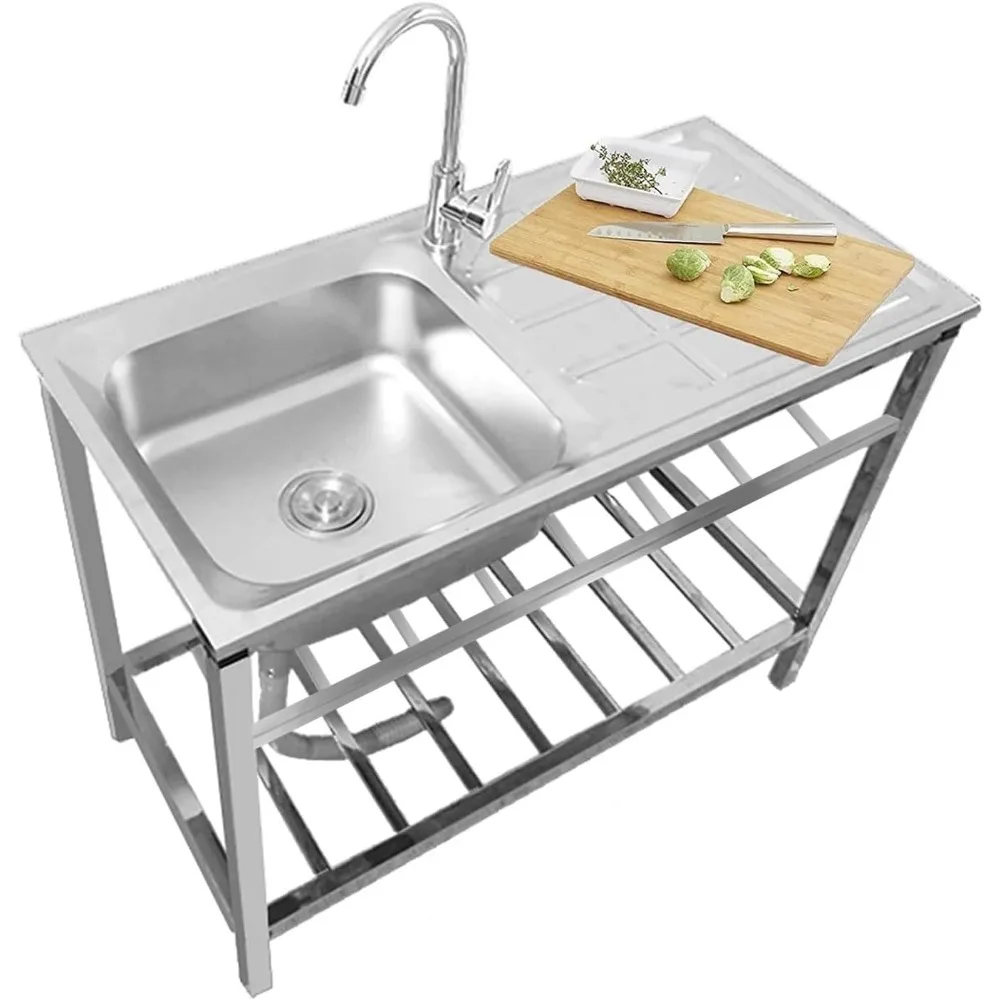 

Utility Sink, 304 Stainless Steel Single Bowl Kitchen Sinks with Hot and Cold Faucet and Storage Shelves, Outdoor Back