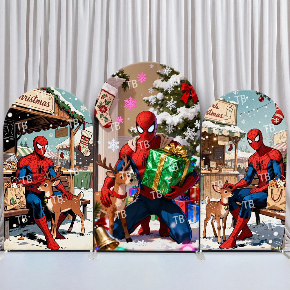 

Spider-Man Arch Backdrop Cover Christmas Market Reindeer Gifts Snow Scene Festive Style Birthday & Baby Shower Party Photo Booth