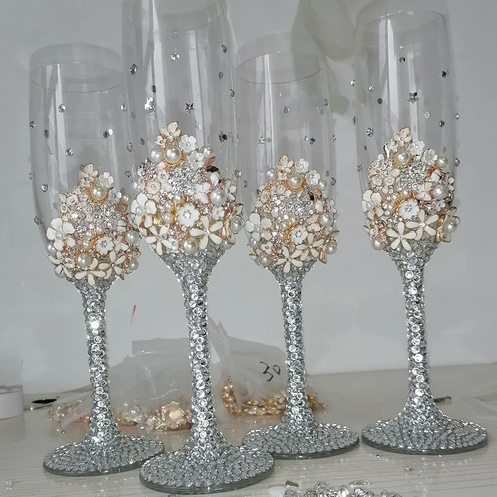 

Sparkling Crystal Rhinestones Wine Cup, Glass Goblet, Wedding Glass, Flowers Bling, Cocktail, Party, Champagne, 210ml, 2Pcs