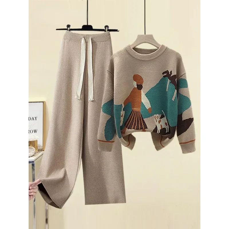 Autunno Inverno Set da 2 pezzi Completi da donna Office Ladies Swerter lavorato a maglia oversize Pantaloni a gamba larga Abiti da lavoro a maglia