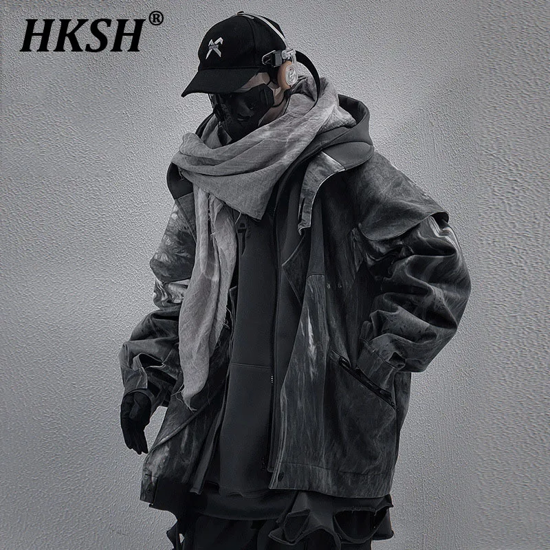 HKSH Heavy Industry Spring Autumn New Waste Land Dark Style Fake Two-Piece Coat Men\'s Loose Casual Hooded Jacket Trendy HK0198