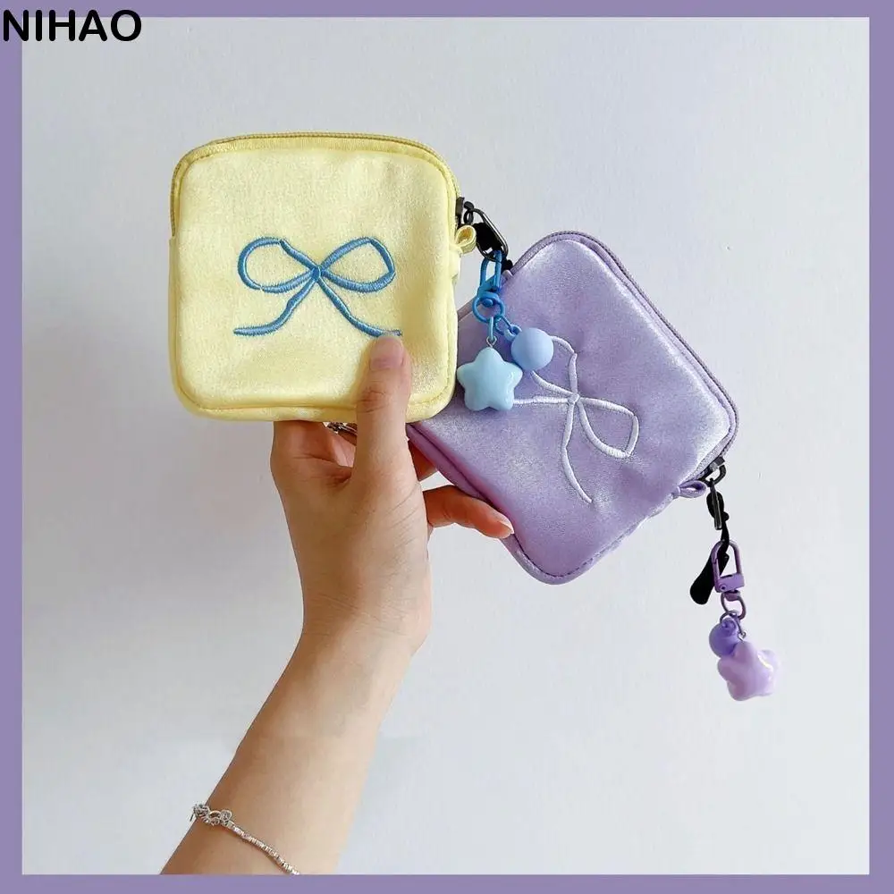 

Portable Bow Coin Purse Bowknot with Pendant Cute Zero Wallet Korean Style Zipper Pouch Sanitary Napkin Storage Bag Student
