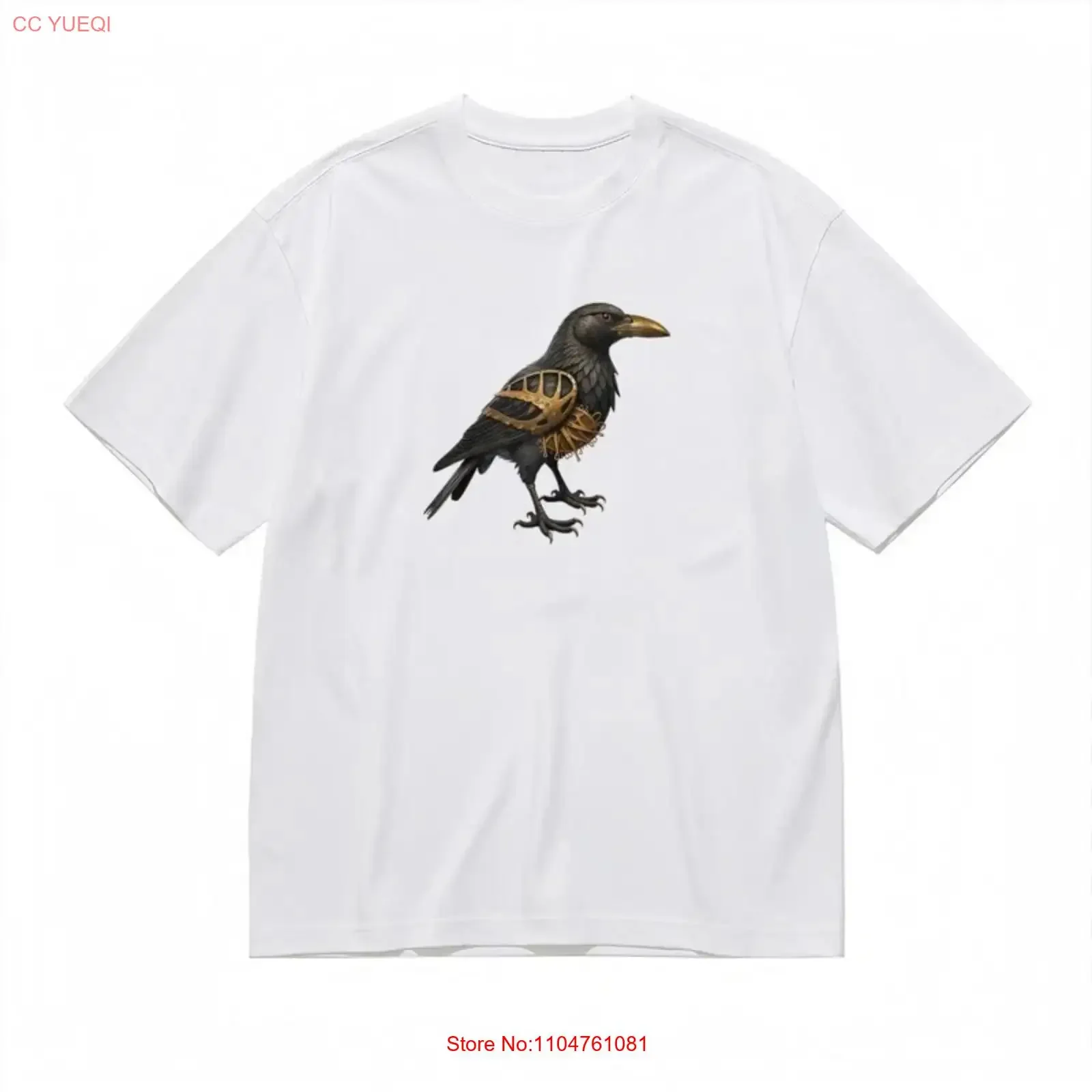 Trend Breathable Classic T Shirt Mechanical Gold Accent Crow Design White vintage Washed graphic Versatile Unisex homme