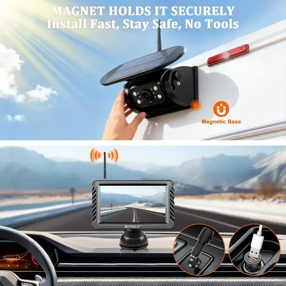 X5 Magnetic Solar Wireless Backup Camera with 5" HD Monitor, 1-Min Zero-Install for RV Truck Trailer, 320ft Signal Range, 15000m view 2