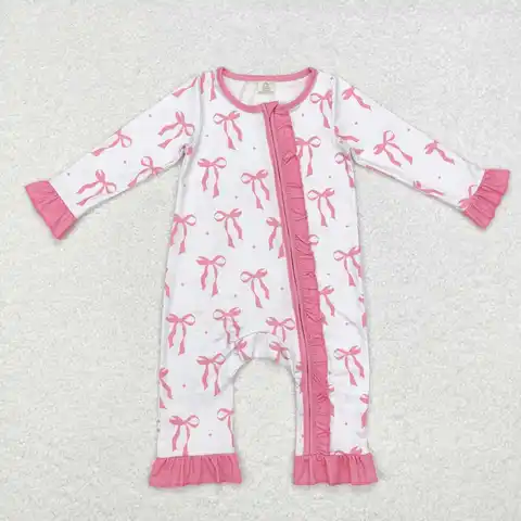 2024 New Fall Spring Design Neonate Pretty Pink Bow Print Morbido pagliaccetto in bambù con cerniera a maniche lunghe