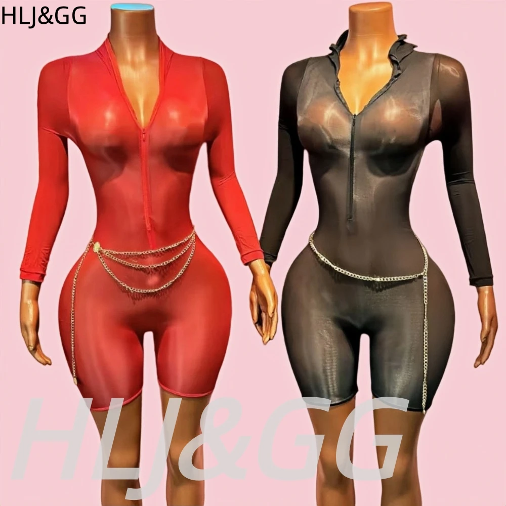 HLJ&GG Sexy Hot Mesh  See Through Bodycon Zipper One Piece Rompers Women Long Sleeve Slim Stretchy Jumpsuits Lady Party Clubwear