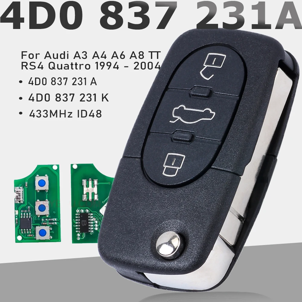 

KEYECU 4D0837231A 4D0837231K Брелок для Audi A3 A4 A6 A8 TT RS4 Quattro 1994-2004 433 МГц ID48 Чип Автомобильный дистанционный откидной ключ 3BT