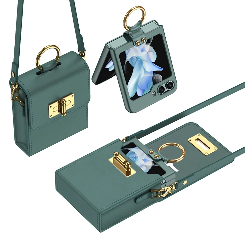 

Luxury Premium Phone Bag For Samsung Z Flip 6 5 4 3 5g Case Slip Resistant Finger Ring Plain Galaxy Z Flip 5 4 3 Protection Bag