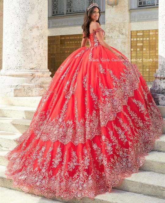 Luxe Red Quinceanera Dresses Sparkling Sequin Applique Boned Corset Cathedral Train Mexican Charro سعيد شارون فساتين سهره