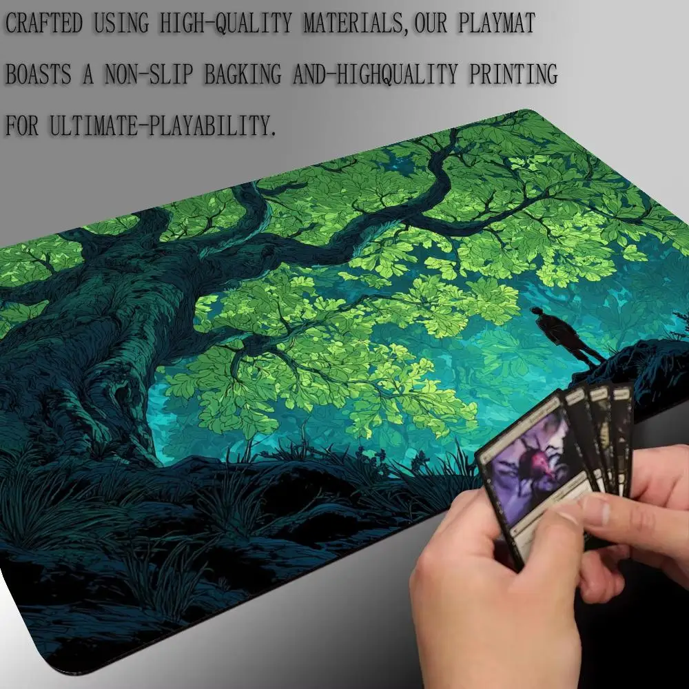 Misterioso gigante verde antigo árvore mtg playmat cartão mágico batalha esteira 35x60cm tapete mágico mtg antiderrapante durável borda costurada