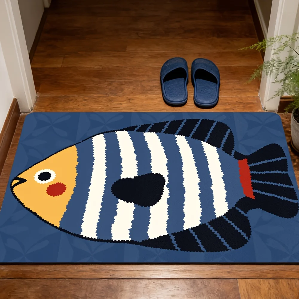 Marine Fish Doormat Navy Blue Stripe Area Rugs Living Room Cartoon Animal Pattern Carpet Mediterranean Home Floor Mat
