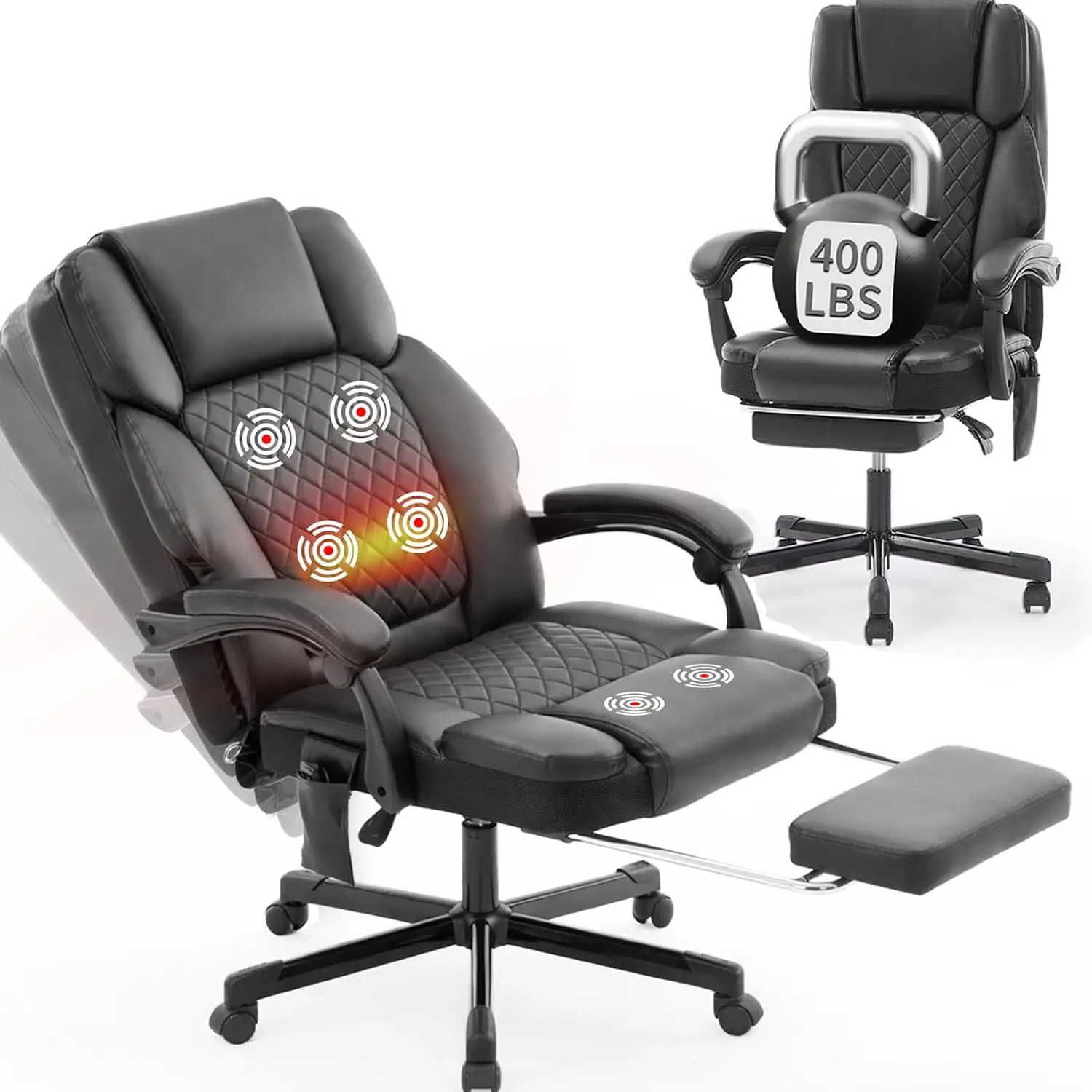 Massage Office Chair with Footrest, Heated Reclining Office Chair for Heavy People 400 lbs,High Back Executive Leather Home Desk