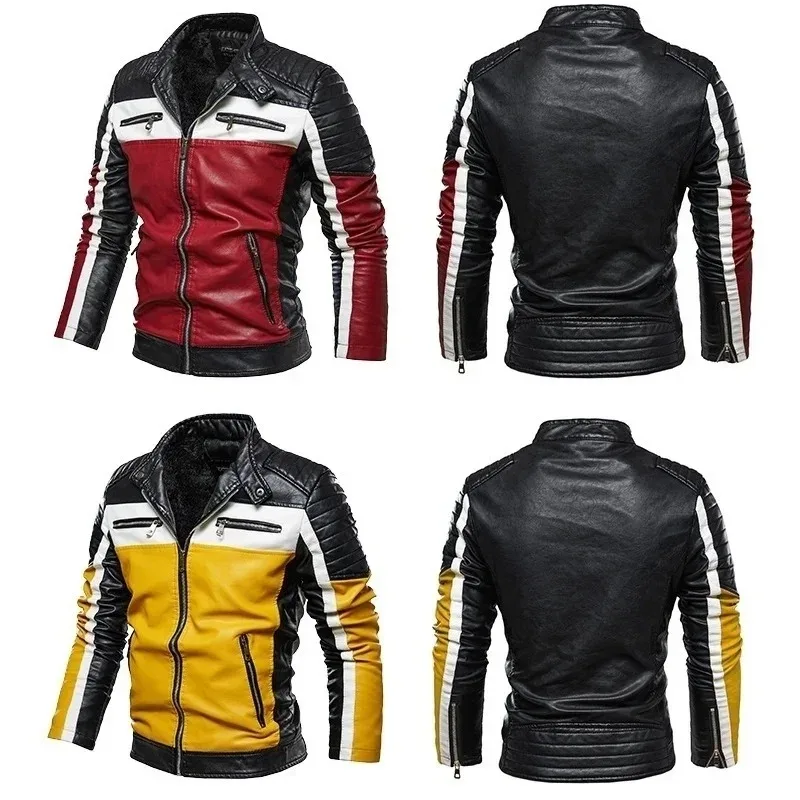 Veste Slim Fit Fourrure Doublé Vêtements D'extérieur Manteau Hommes Veste En Cuir Jaune Patchwork Biker Vestes Casual Manteau À Fermeture Éclair Mâle Moto