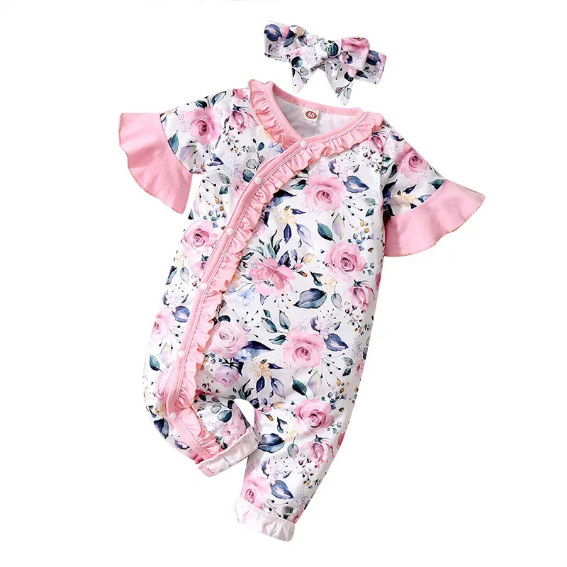 Newborn Baby Girl Bodysuit Summer Romper Floral Print Pink Short Sleeve Onesie with Headband Toddler Baby Girl Jumpsuit Clothes