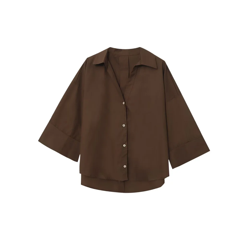 قميص نسائي ذو طية صدر السترة بأكمام خمسة أرباع مزين بصدر واحد للصيف، قميص كاجوال بأكمام واسعة