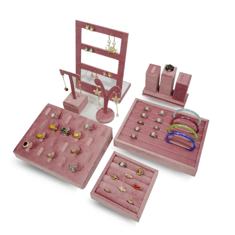 New Pink Velvet Jewelry Organizer Ring Pendant Earring Holder Necklace Bracelet Bracelet Tray Jewelry Store Window Display Stand