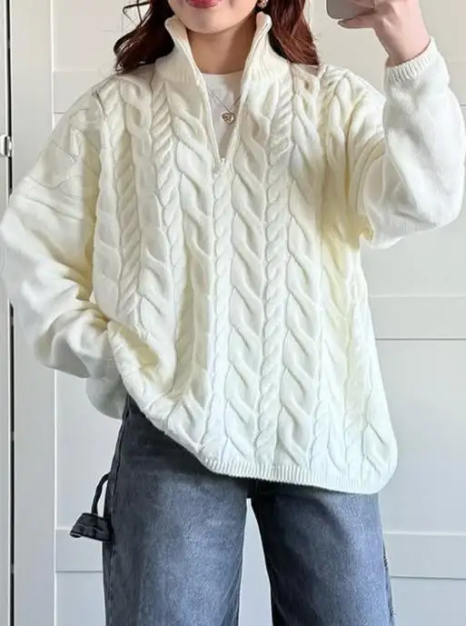 Maglione lavorato a maglia jacquard con colletto solido allentato autunno e inverno per donna maglione casual con cerniera semplice