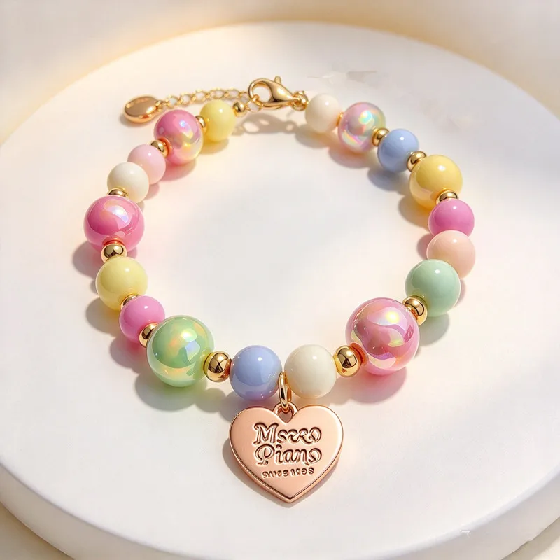 Iridescent Macaron Bead Pet Jewelry, Engraved Heart Charm Pet Necklace, Adjustable Collar with Extension Chain for Small Dog Cat