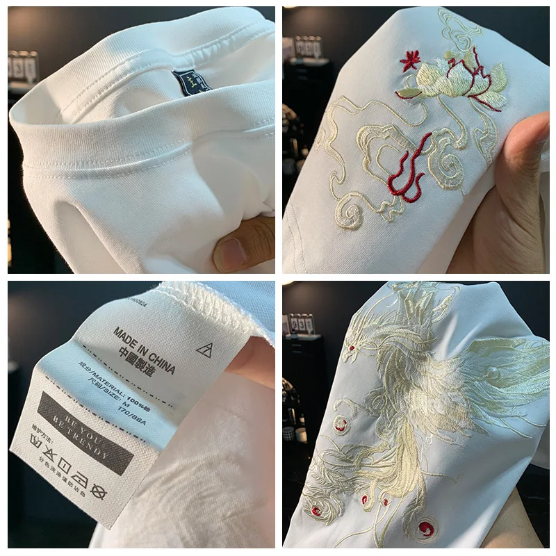 تي شيرت فينيكس مطرز بأكمام قصيرة للرجال في الصيف، مقاس نحيف، مرن، قميص كاجوال عصري مطبوع على الطراز الصيني