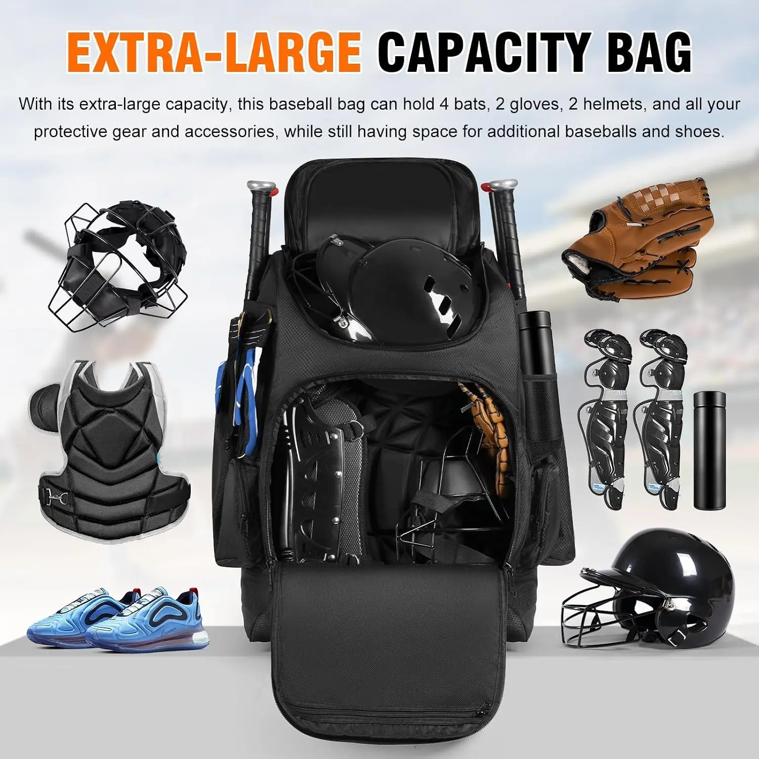 Portable Gear Carrier Hidden Straps Bat Sleeves Drink Pockets Shoe Space Softball Equipment