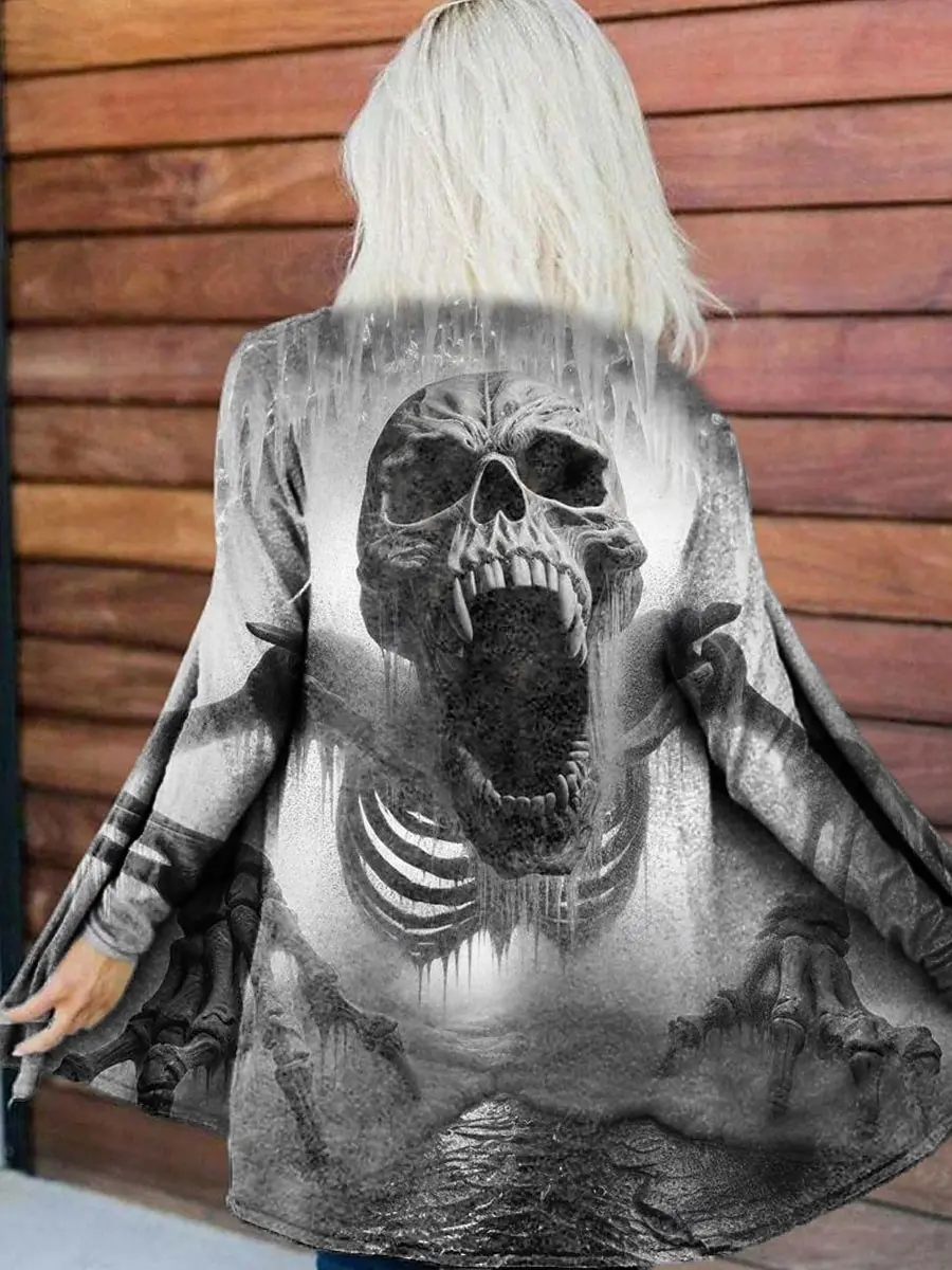 Halloween Women's 3D Print horror Skulls Long Sleeve Cardigan, Polyester Open Front, Lightweight Cover Up,Autumn Casual Coat