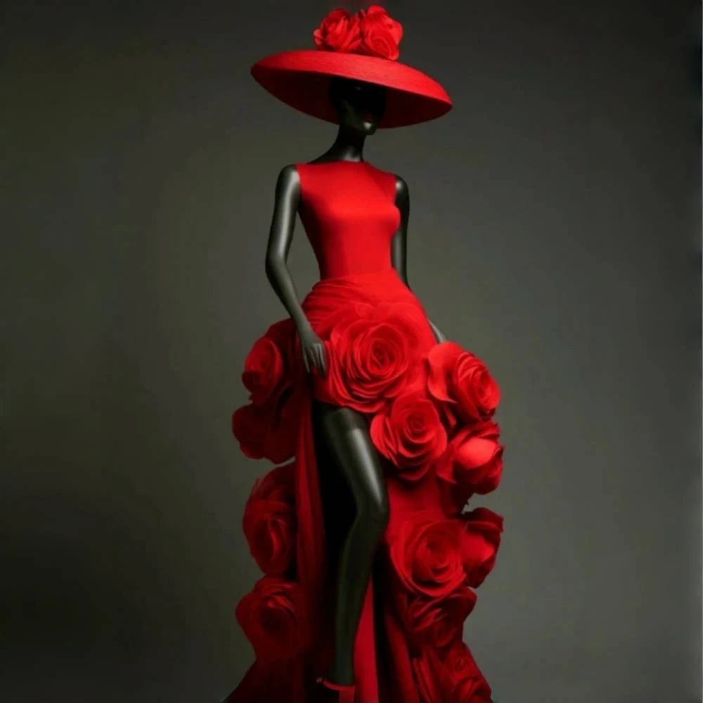 Unique Cubic Floral Red Attractive Prom Dress Side Slit Flowers Satin Long Evening Gown Sleeveless Modern Party Dress Customized