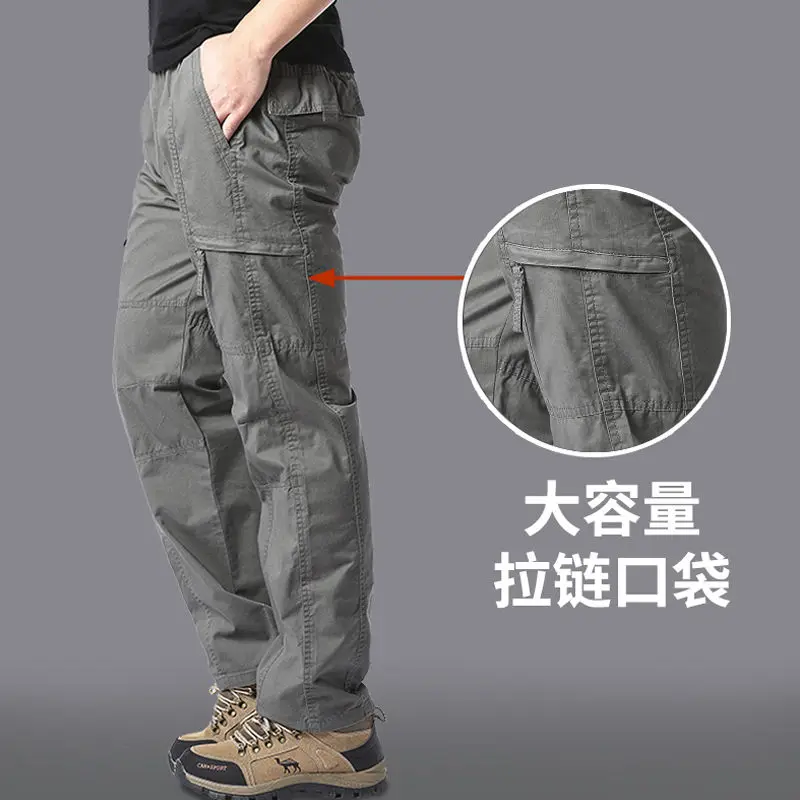 

Elastic Waist Pants Pure Cotton Trousers Middle-aged Elderly Father Solid Color Big Pocket