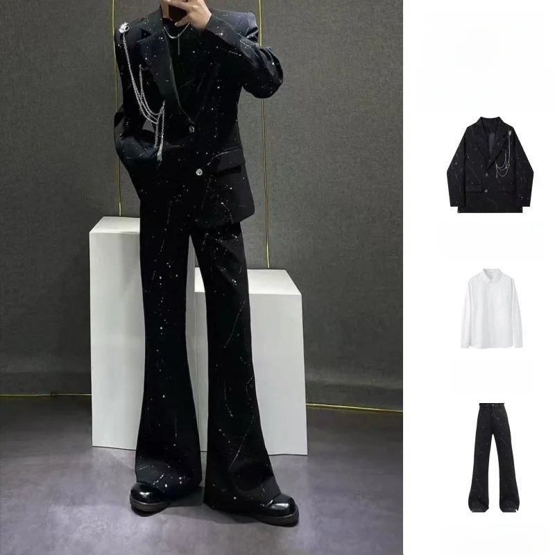 

Элегантный мужской костюм с блестящими пайетками на плечах, высококачественным цепным декором, универсальный, в корейском стиле, с длинными рукавами, для осеннего сезона