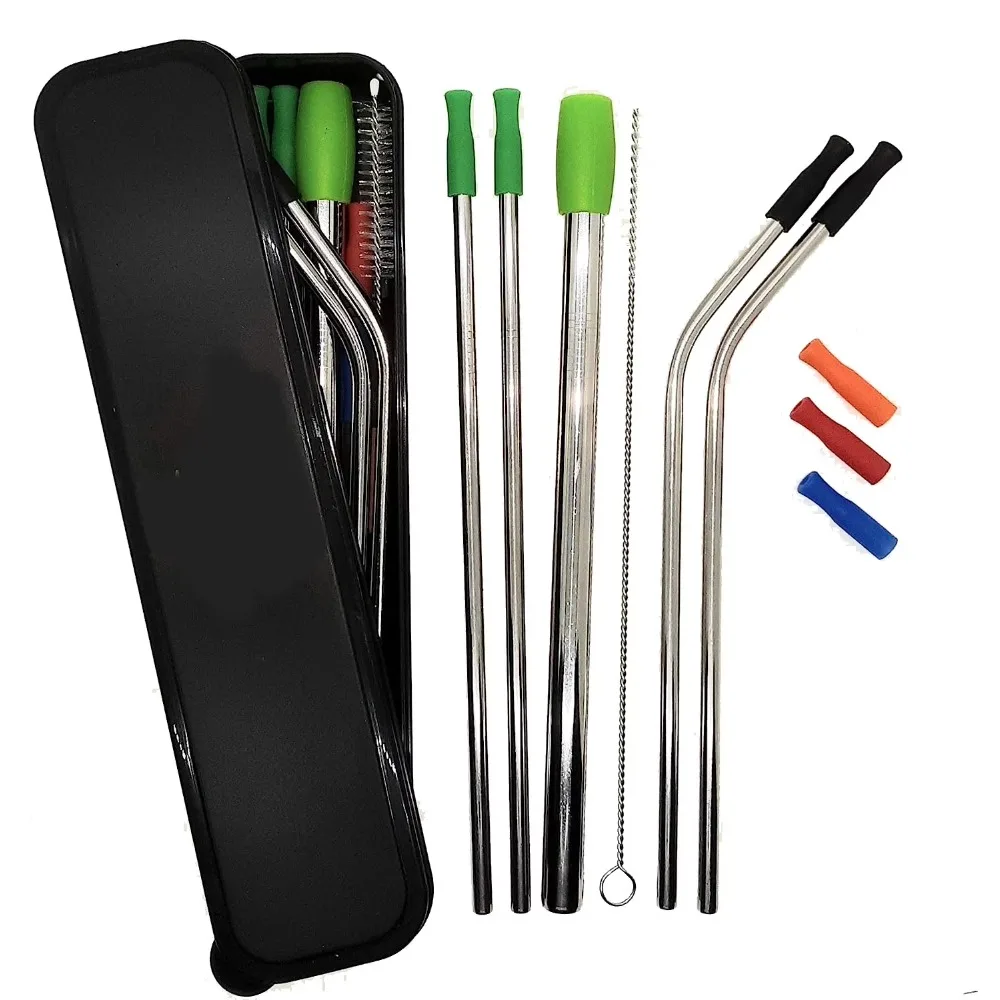 

Stainless Steel Reusable Straws Set with Silicone Tips and Portable Travel Case for Smoothie and Drink