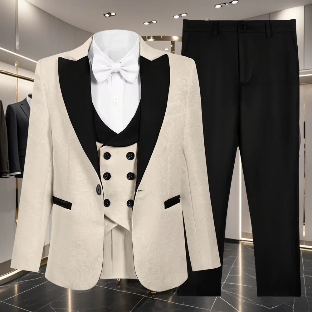 Jacquard 4-Piece Suit Set for Boys 3-18 Years, Slim Fitting Formal Tuxedo For Kids Wedding Guest Jacket, Vest, Pants Bow-tie