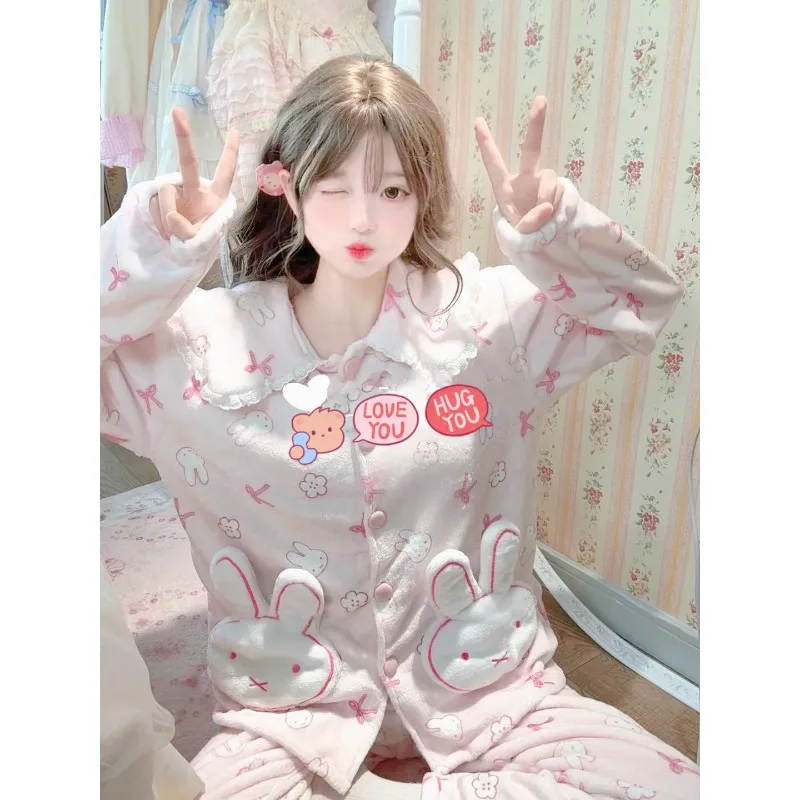 Kawaii Nijntje Flanellen Pyjama Set voor Dames - Gezellige Cartoon Bunny Winter Nachtkleding Sweetheart Girly Loungewear met Pluche Zakken
