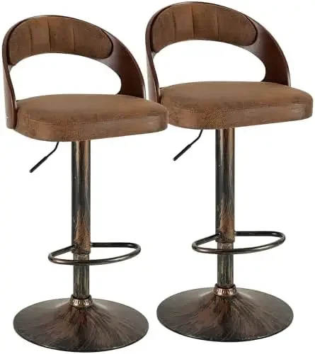 Bar Stools Set of 2,Adjustable Counter Height Stools with Bentwood Back,Armrest&Footrest,Swivel PU Leather Bar Chairs