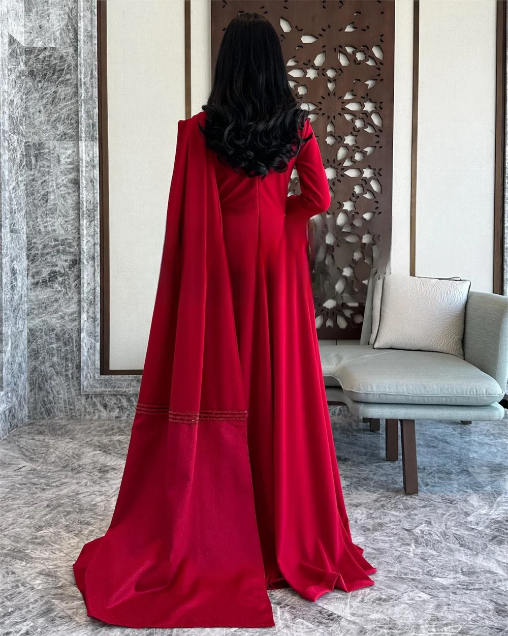 Cathy Red Square Collar Prom Dressess Satin A-line Vestidos De Noche Elegant Long Sleeves Floor-Length Long Shawl Graduation