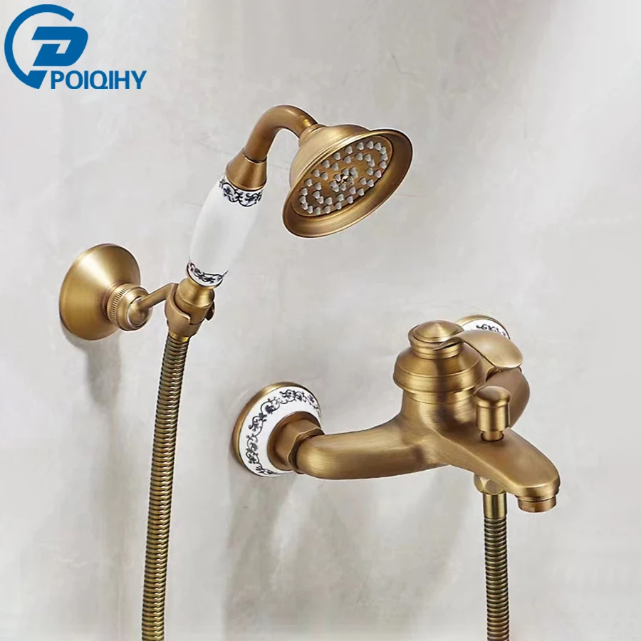 

POIQIHY Wall Mounted Hand Held Shower Head Kit Shower Faucet Set Bathroom Bath Shower Mixer Tap Antique Brass Handshower Bracket