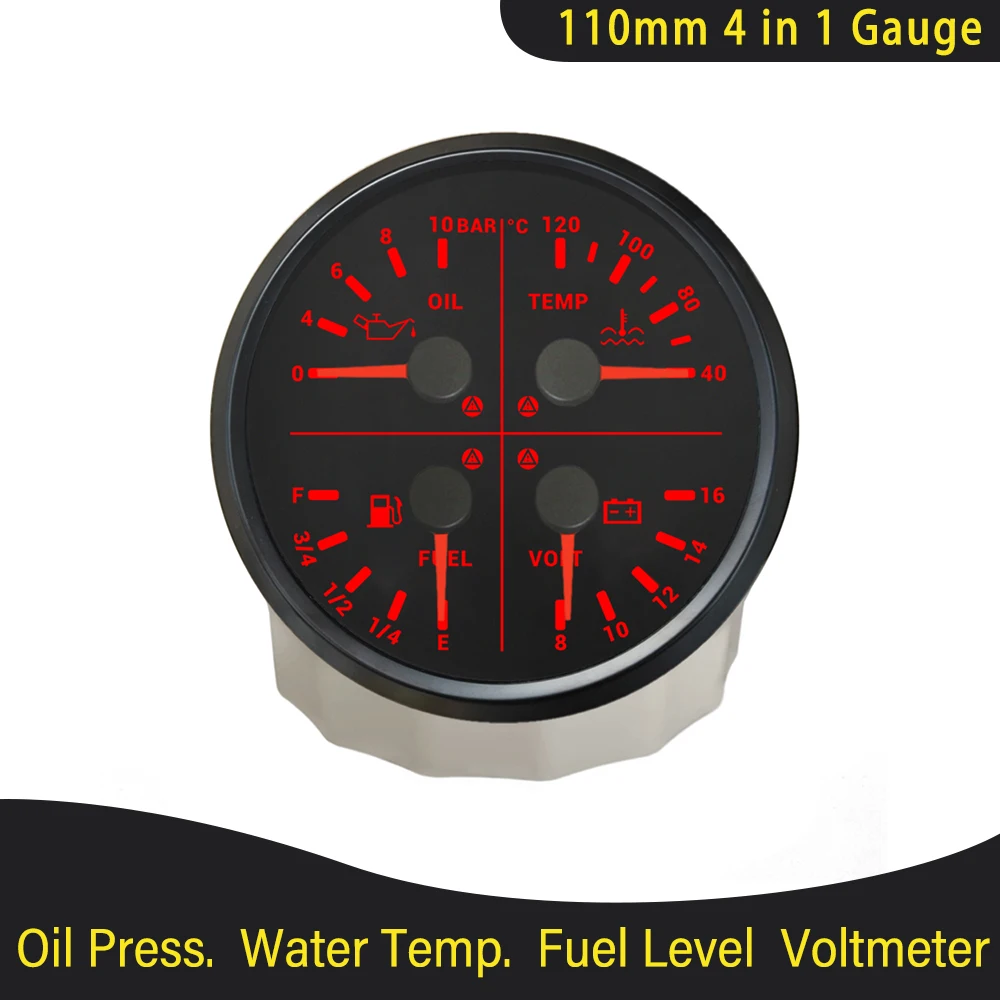 

Newest 110mm 4 in 1 Gauge 0-10Bar 0-150Psi Oil Pressure Water Temp Fuel Level Voltmeter with Light Alarm for Car Boat Yacht
