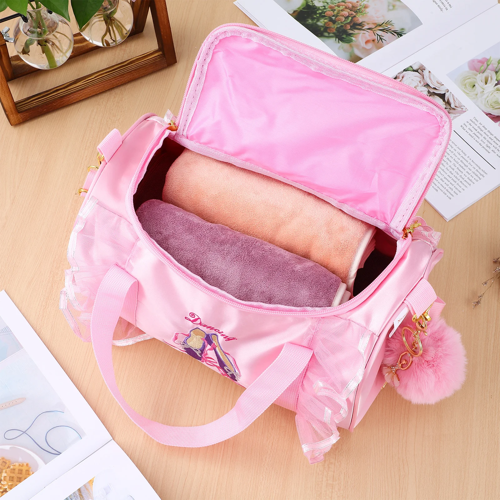 Dance Keychain Deep Pink Ballet Bag Tote Shoulder for Large Capacity Gymnastics Bag Pompom Ball Travel Accessories