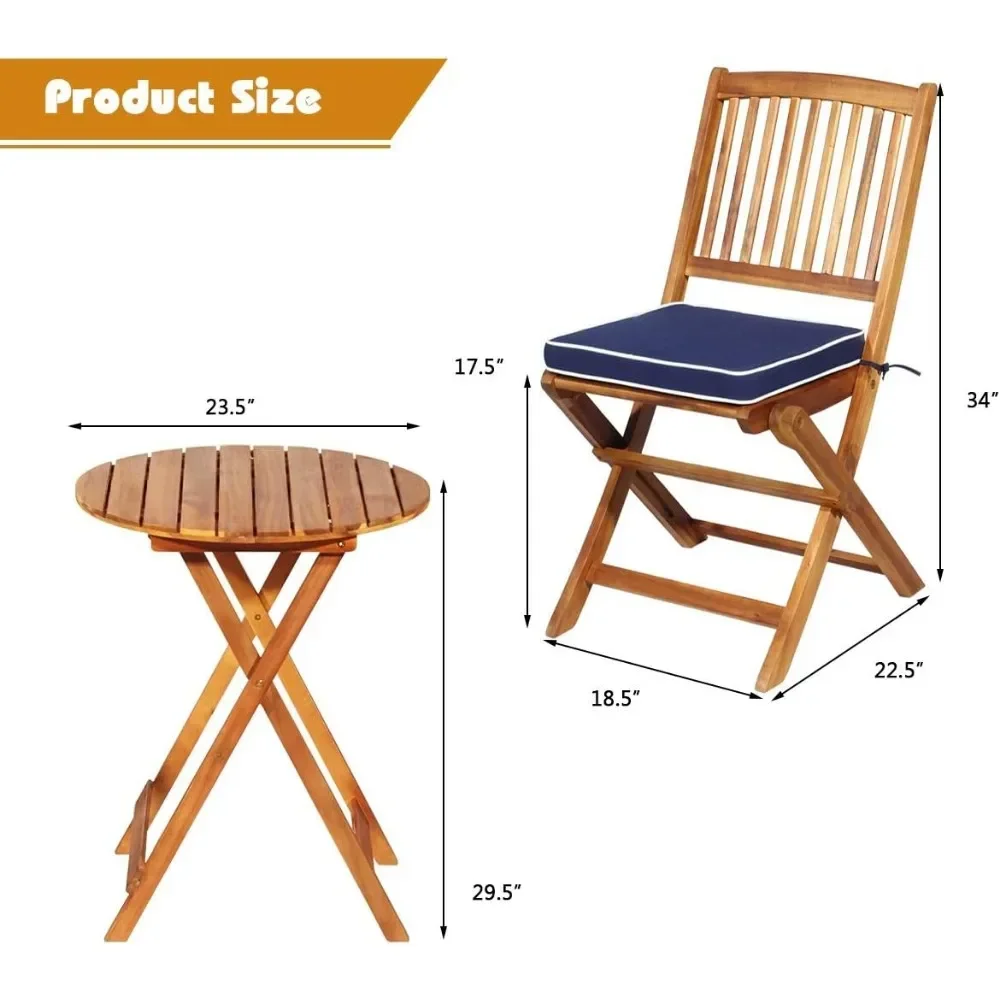 Patio Bistro Set, Wood Folding Table SetCushioned Chairs for Garden Yard, Outdoor Furniture Round Table