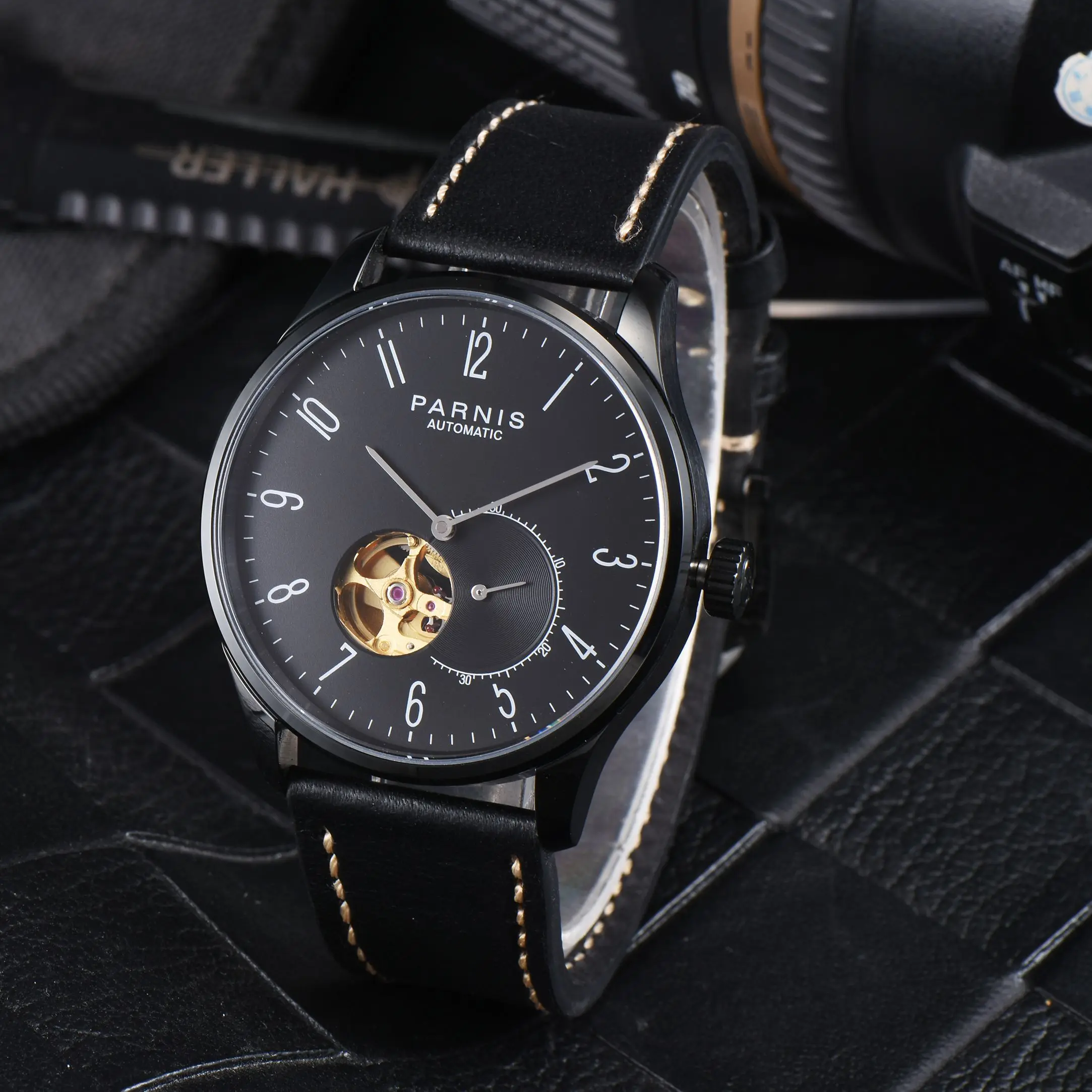 Fashion Parnis 41.5MM Full Black Automatic Mechanical Men Watch Sapphire Glass Leather Strap Men's Watches horloge mannen 2024