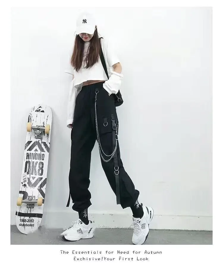 Schwarze Freizeithose für Damen im Frühling und Herbst, koreanischer Stil, Ins Hip-Hop-Student, lockere, hoch taillierte, schmal geschnittene Cargohose, trendig – Detail 8