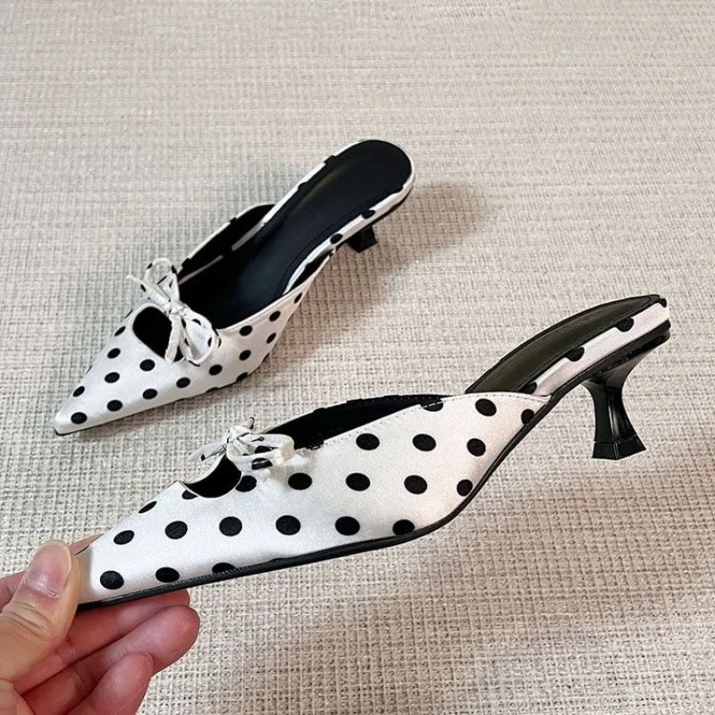 

2026 Summer New Fashion Polka Dot Baotou Sandals Female Sense Hollow Pointed Toe High Heels Stiletto Single Shoes