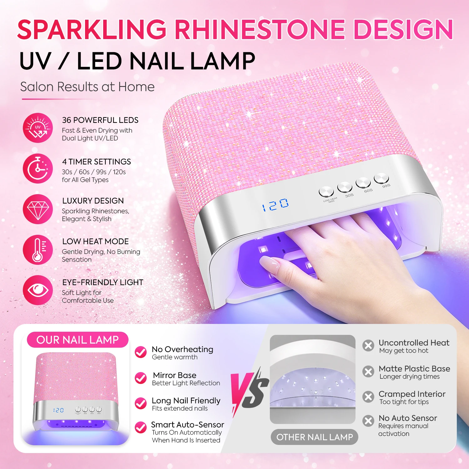 Rhinestone UV LED Nail Lamp 36 LEDs, Auto Sensor, Low Heat Mode, 4 Timer Options, Mirror Base Nail Dryer