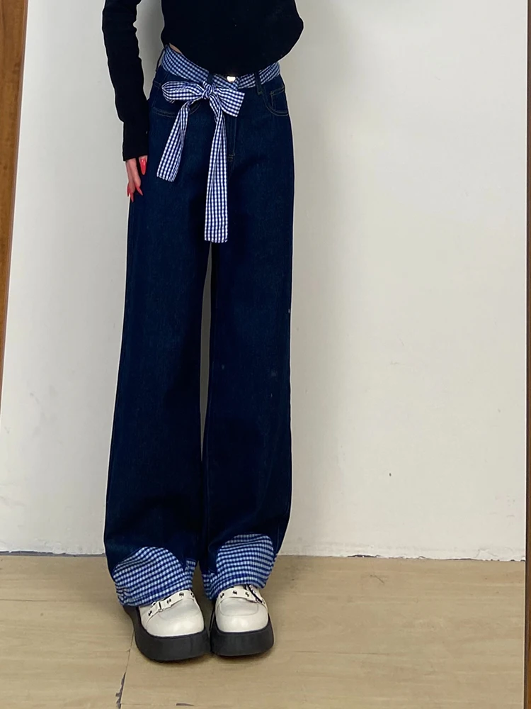 

Американские свободные широкие джинсовые брюки с высокой талией, женские весенне-осенние дизайнерские брюки в клетку с прямым узлом...