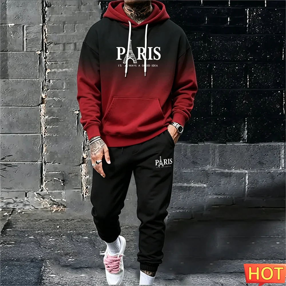 Autumn/Winter Men's Hoodie Set Paris Gradient Sets Hoodie+Sweatpants Two-piece Set Outdoor Sports Men's Hoodies Men y2k Clothing