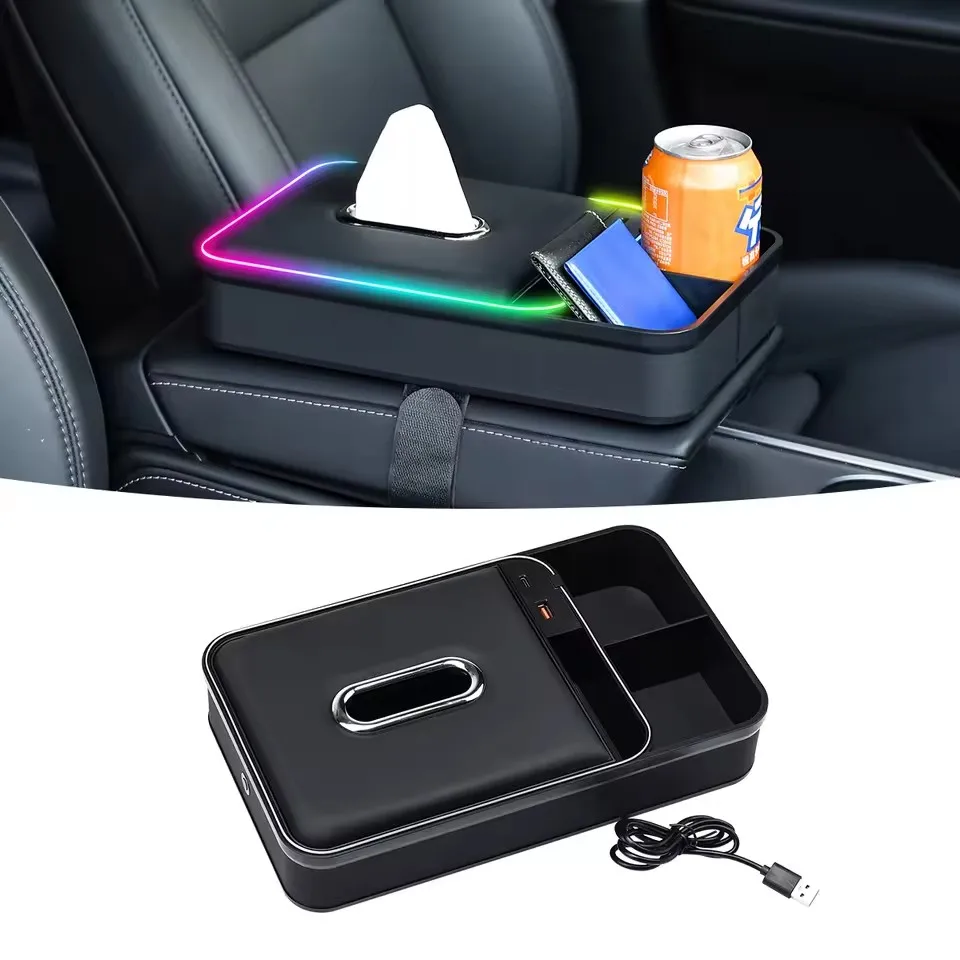 

LED Car Armrests Organizer Box Car Armrest Storage Box Holder Charger Car Accessories with RGB Charging Ports LED Lights