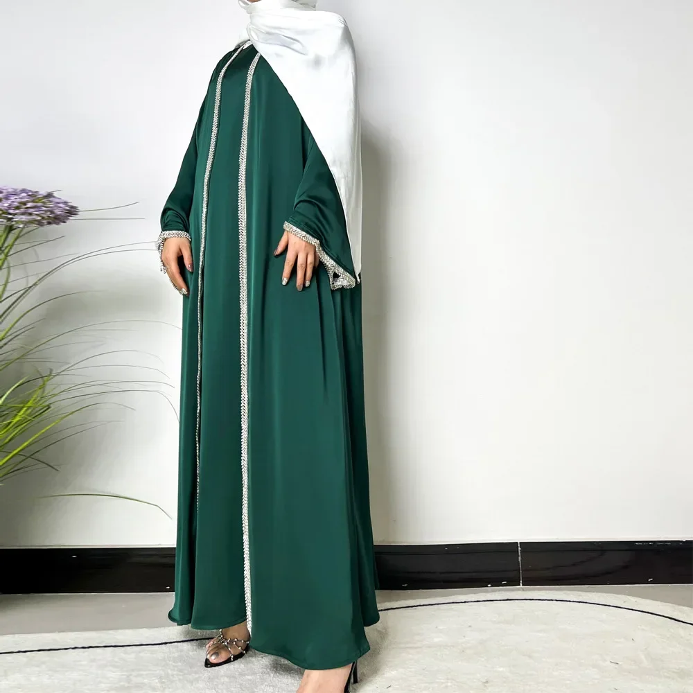 

4PCS Eid Satin Kimono Open Abayas Women Muslim Sets Hijab Dress Belt Cardigan Dress Diamonds Islam Jalabiya Ramadan Kaftan Robe