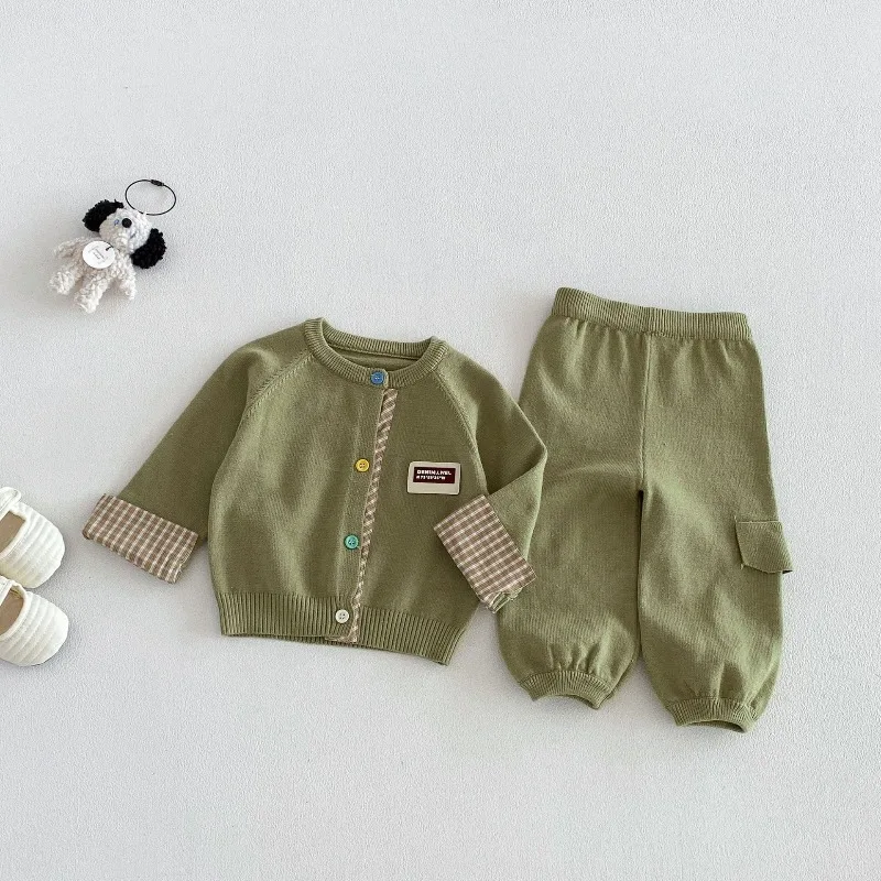 2026 Autumn Boys' Knit Set Korean Style Trendy baby Checkered Cardigan and Workwear Pants Toddler Kids Two-Piece Outfit