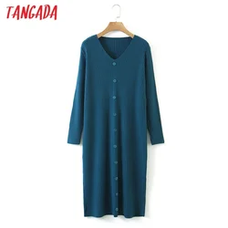 Tangada 2022 Fashion Women Solid Elegant Sweater Dress Loose Long Sleeve V Neck Ladies Warm Midi Dress QB234