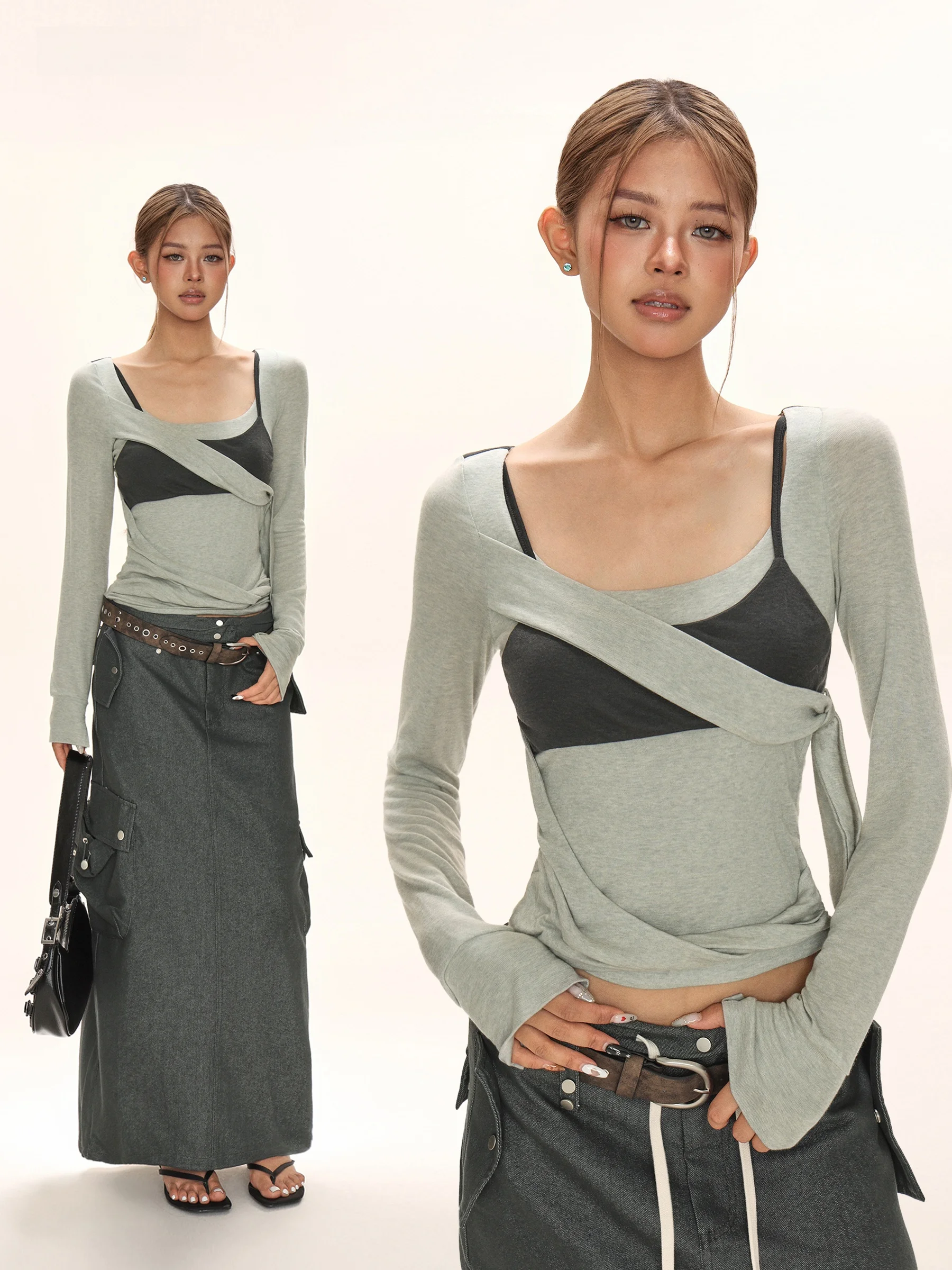 

Женская приталенная футболка с длинным рукавом, имитация двухслойности, в американском стиле, с эффектом пэчворк, с утягивающим поясом, весенняя коллекция