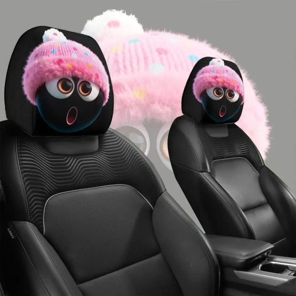 2-Piece Surprise Expression Winter Pink Plush Hat Car Headrest Cover Washable Christmas Decoration Cute Cartoon Style